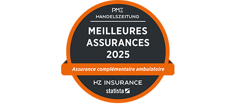 Sceau de l’enquête du Handelszeitung sur les meilleures assurances 2025. L’assurance complémentaire ambulatoire de Sympany arrive en deuxième place.