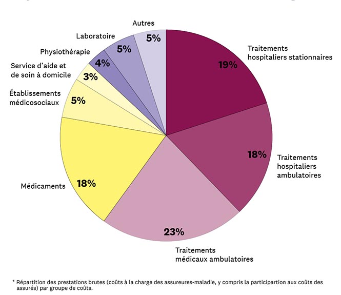 Diagramme en forme de tarte. Coûts des prestations à la charge des assureurs-maladie, y compris la participation aux coûts des assurés: <br/>traitements médicaux ambulatoires: 23%, traitements hospitaliers stationnaires: 19%, traitements hospitaliers ambulatoires et médicaments: respectivement 18%, établissements médiosociaux et laboratoires: respectivement 5%, physiothérapie: 4%, service d'aide et de soin à domicile: 3%, autres: 5%.