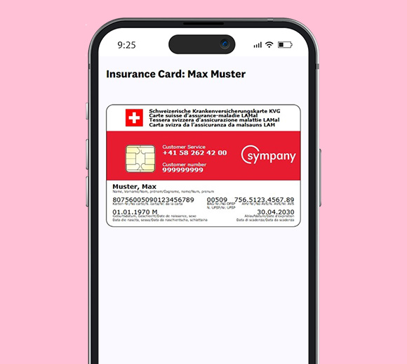 Smartphone with the mySympany app open. The digital insurance card can be seen.