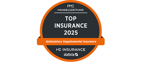 Seal of the Handelszeitung survey on top insurances in 2025. Sympany’s supplementary outpatient insurance ranks second.