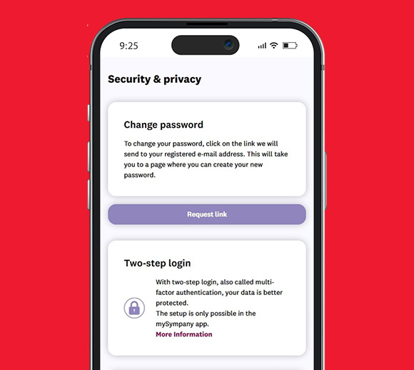 Smartphone with the mySympany app open. The security settings are displayed.