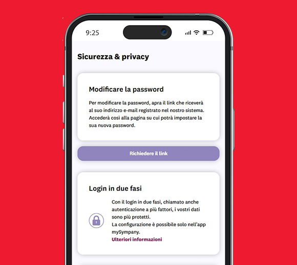 Smartphone con l'app mySympany aperta. Sono visibili le impostazioni di sicurezza.