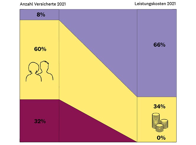 Diagramm: 32% der Sympany Versicherten beanspruchen keinerlei Versicherungsleistungen. 60% der Sympany Versicherten beanspruchen 34% der Versicherungsleistungen. 8% der Sympany Versicherten beanspruchen 66% der Versicherungsleistungen.