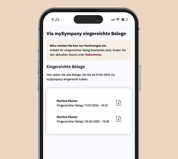 Smartphone mit geöffneter mySympany App. Auf der gezeigten Seite kann ein Familienmitglied Belege einreichen und die zuletzt eingereichten Belege ansehen.