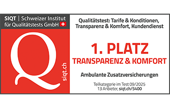 Siegel von SIQT, 1. Platz in der Kategorie Transparenz & Komfort bei den ambulanten Zusatzversicherungen