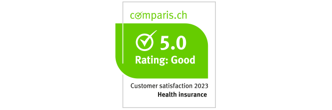 Label from comparis.ch: customer satisfaction with health insurers, score: good (5.0)