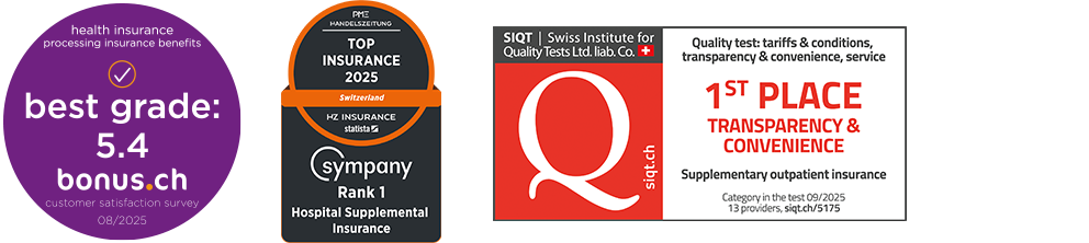 Top ratings for Sympany from bonus.ch, HZ Insurance and SIQT