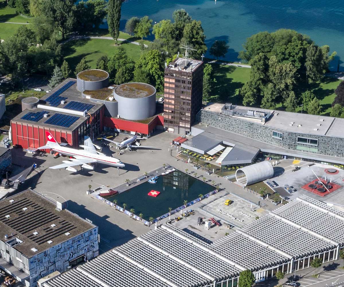 Das Verkehrshaus der Schweiz aus der Vogelperspektive.