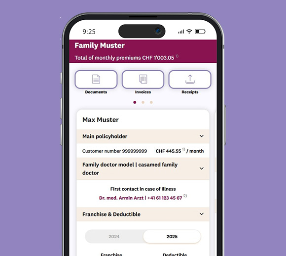 Smartphone with the mySympany app open. The overview page is displayed.