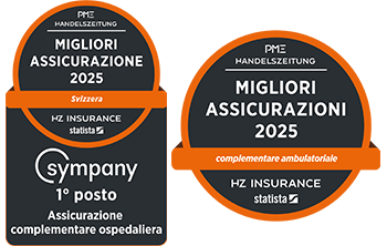 Sigillo della Handelszeitung in italiano, 1° posto per l'assicurazione complementare ospedaliera, 2° posto all'assicurazione complementare ambulatoriale di Sympany